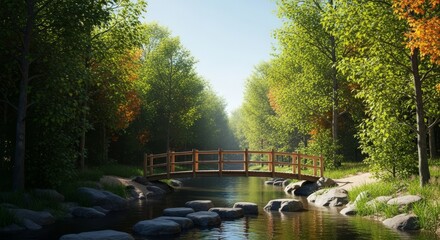 A tranquil scene of a narrow, calm river flowing through a lush forest, featuring a small wooden footbridge and rustic stepping stones for crossing, summer, stone, tranquil