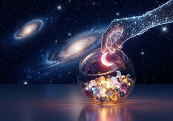 A whimsical nocturnal scene of small glowing celestial objects being carefully gathered into a transparent container, full of fantasy and wonder, transparent, dark, light.