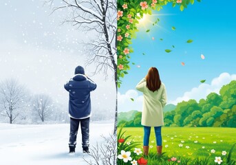Back-to-back figures observing sharp seasonal contrasts: cold snowy winter versus warm sunny summer and lush growth, future, choices, growth