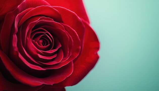 Deep crimson rose blossom shows intricate spiral petal layers against a soft teal background