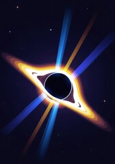 Flat design illustration of a cosmic black hole singularity bending light rays around its strong gravity field in deep space, flat, abstract, bending