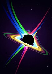 Flat design illustration of a cosmic black hole singularity bending light rays around its strong gravity field in deep space, warp, energy, curve