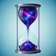 Flat vector illustration of an hourglass filled with glowing cosmic stars representing the passage of time, destiny, magic, and universal cycles, glowing, clock, vector
