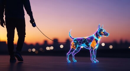 Individual guiding abstract, floating digital canine on a leash through a blurry urban environment at sunset, domestic, pixels, evening