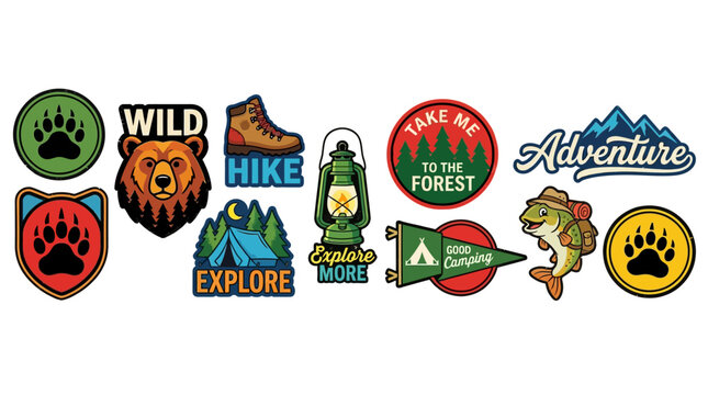 Outdoor Adventure Patch Vector Illustration &ndash; Hiking, Camping, Bear Paw, Lantern, Tent, Fish, Forest, Mountains, and Nature Symbols for Travel, Exploration, and Wilderness Decor