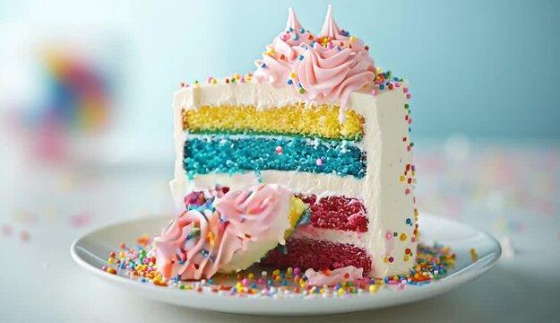 Rainbow layer cake slice with visible cross-section showing four colored layers yellow blue pink and red, white vanilla frosting between layers
