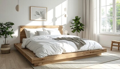 Minimalist bedroom design with natural light and wooden platform bed.