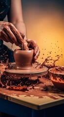 Skilled hands molding wet earthenware clay spinning rapidly on a pottery wheel, surrounded by messy splatters and muddy water, artisan, horizontal, focus