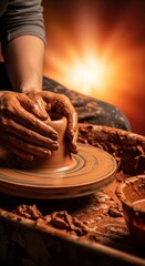 Skilled hands molding wet earthenware clay spinning rapidly on a pottery wheel, surrounded by messy splatters and muddy water, horizontal, handmade, pot