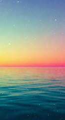 Serene flat illustration of a calm ocean vista featuring a minimalist horizon line and heavy vintage grainy texture, waves, blue, horizon