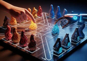 Strategic board game confrontation between biological intelligence and advanced robotic automation, focusing on complex tactics, robot, indoor, chess
