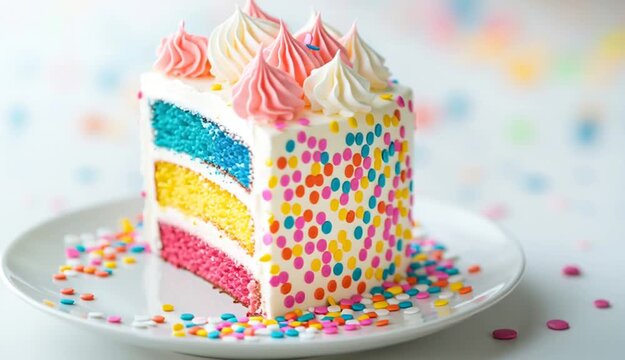 Rainbow layer cake slice with visible cross-section showing four colored layers yellow blue pink and red, white vanilla frosting between layers
