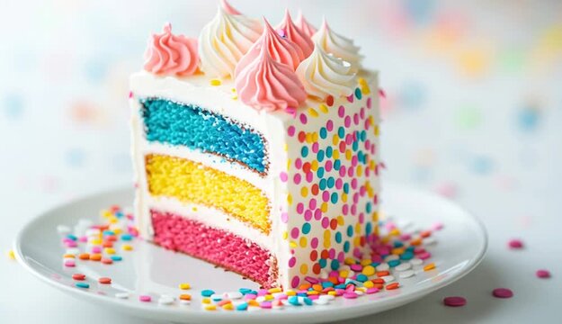 Rainbow layer cake slice with visible cross-section showing four colored layers yellow blue pink and red, white vanilla frosting between layers
