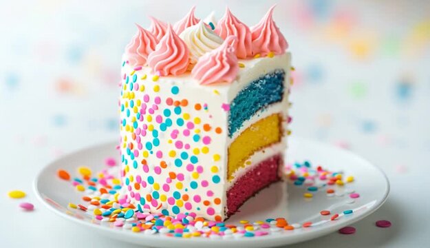 Rainbow layer cake slice with visible cross-section showing four colored layers yellow blue pink and red, white vanilla frosting between layers
