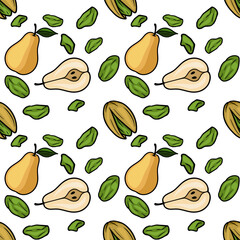 Obraz premium Seamless vector pattern of whole and halved yellow pears with green pistachios scattered around, perfect for food-themed designs.