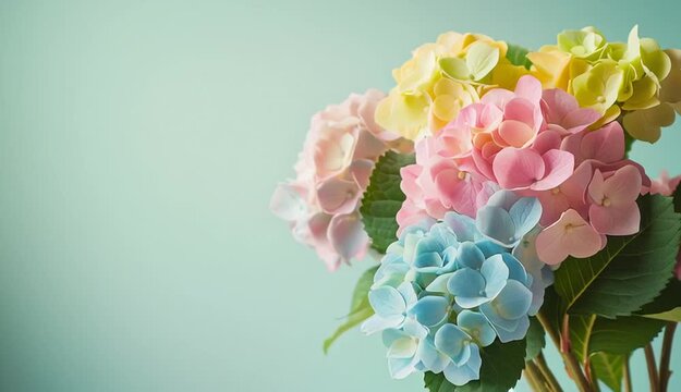 Bouquet of pastel hydrangea on right side of frame, pink blue green and yellow hydrangea, romantic flower arrangement, positioned against soft light green background