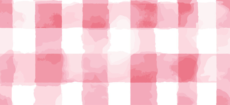 Pink and white watercolor checkered pattern creating a rustic seamless background texture. Pink watercolor gingham check seamless pattern background