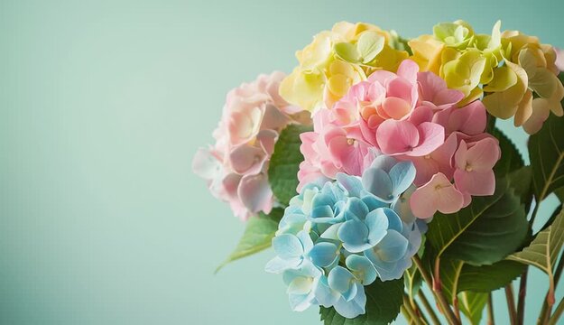 Bouquet of pastel hydrangea on right side of frame, pink blue green and yellow hydrangea, romantic flower arrangement, positioned against soft light green background