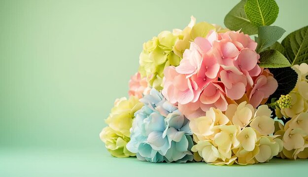 Bouquet of pastel hydrangea on right side of frame, pink blue green and yellow hydrangea, romantic flower arrangement, positioned against soft light green background