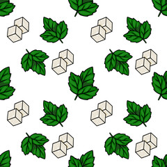 Seamless vector pattern of green mint leaves and sugar cubes for tea, food and drink design © Khrystyna Turchyn