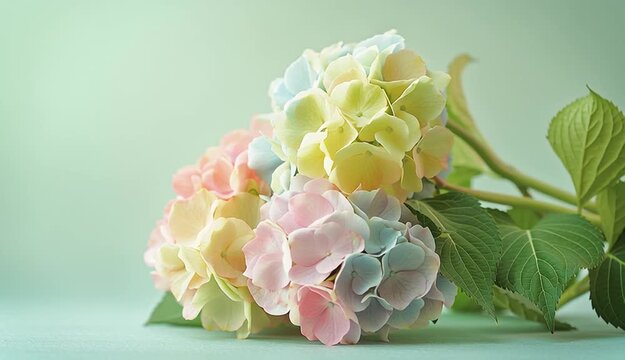 Bouquet of pastel hydrangea on right side of frame, pink blue green and yellow hydrangea, romantic flower arrangement, positioned against soft light green background