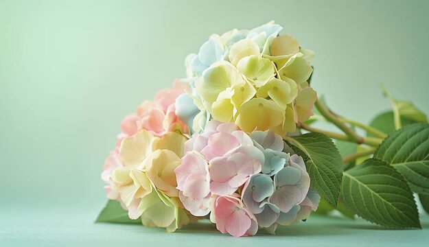 Bouquet of pastel hydrangea on right side of frame, pink blue green and yellow hydrangea, romantic flower arrangement, positioned against soft light green background