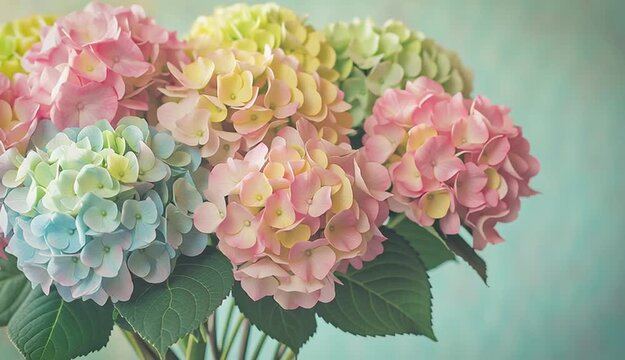 Bouquet of pastel hydrangea on right side of frame, pink blue green and yellow hydrangea, romantic flower arrangement, positioned against soft light green background
