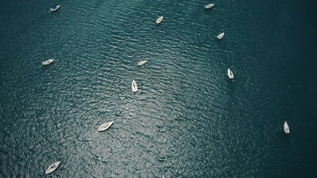 Aerial view of leisure boats anchored in lake Potrerillos in Mendoza, Argentina.