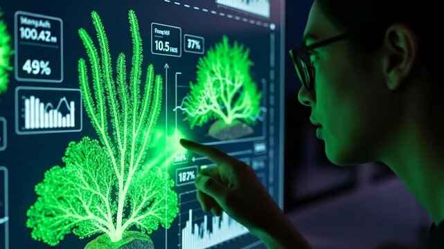 Scientific Insight: An insightful botanist analyses the intricate data, studying the luminescence display on cutting-edge technology