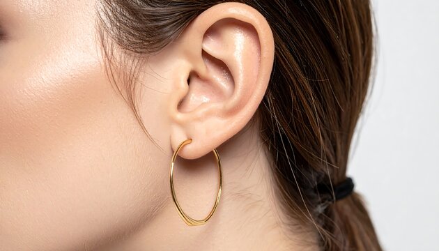 Close-up of a womans ear with a gold hoop earring.