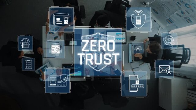 A group of diverse professionals collaborates in a business meeting to discuss a zero trust cybersecurity strategy, emphasizing innovative security solutions and techniques. Raster
