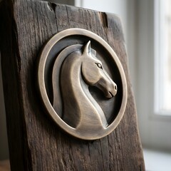 bronze horse medallion on rustic wood