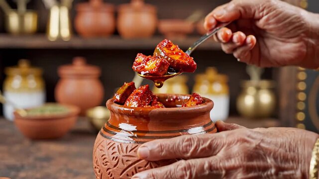Hands scooping spicy mango pickle from a rustic clay pot with a spoon in a traditional kitchen setting with blurred shelves and jars in the background warm lighting