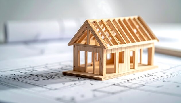 骨組みが見える木製住宅模型と設計図が示す建築途中の構想