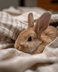 Naklejka premium rabbit resting on soft fabric, tactile all-the-feels aesthetic