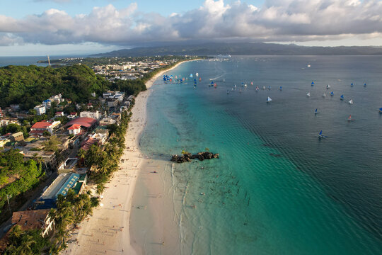 Drone Shot of Boracay Station 1 Coastline with Paraw Boats and Willy's Rock - 1