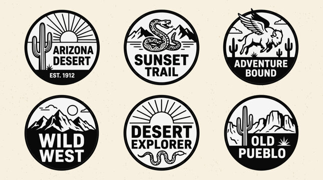 Vintage Desert Explorer Patches Set. Retro Monochrome Outdoor Badges, Arizona Travel, Wild West Adventure, and Camping Logos Collection.