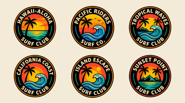 Vintage Retro Surf Club Logos Set. Tropical Patch Badges Collection with Palm Trees, Ocean Waves, and Sunset Designs for T-Shirt Prints and Summer Apparel.