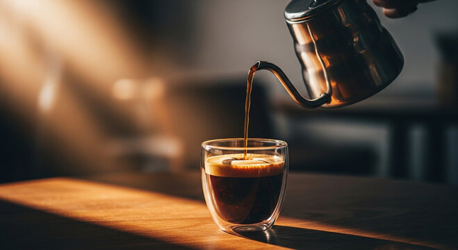 Pouring java coffee, espresso making.