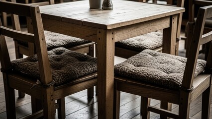 Wooden cafe table with chairs, each with a cushion. Natural light, cozy setting