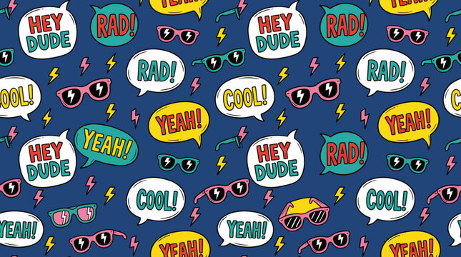 Vibrant 80s Pop Art Seamless Pattern. Retro Sunglasses, Lightning Bolts, and Comic Speech Bubbles with "Cool," "Rad," and "Hey Dude."
