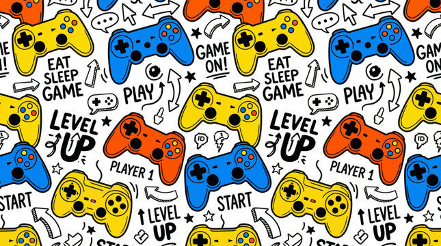 Retro Gaming Controllers Seamless Pattern. Doodle Background with Level Up, Eat Sleep Game Text, Gamepad and Joystick Art in Vibrant Pop Colors.