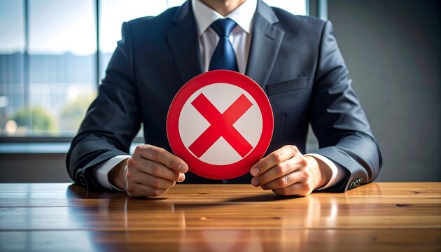 スーツ姿の男性が拒否を示すバツ印プレートを掲げるビジネス場面