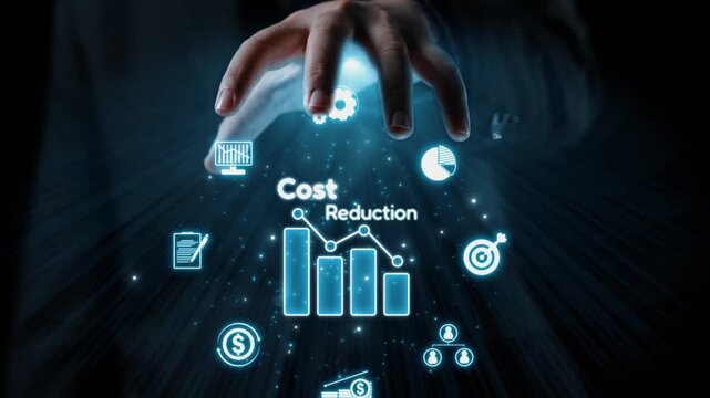 A businessman gestures to signify cost reduction, showcasing digital graphs, charts, and financial icons. This image represents analytics and strategic management concepts. Qubit