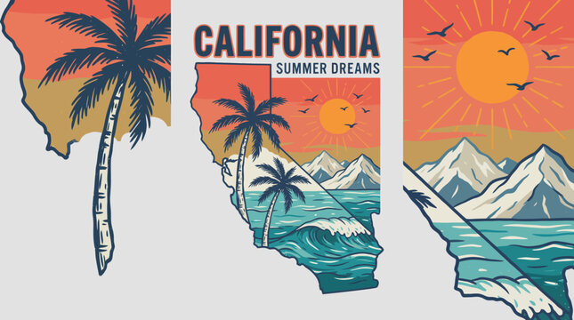Vintage California Summer Dreams T-Shirt Design featuring Palm Trees, Ocean Waves, and Mountains in a Retro Grunge Style.