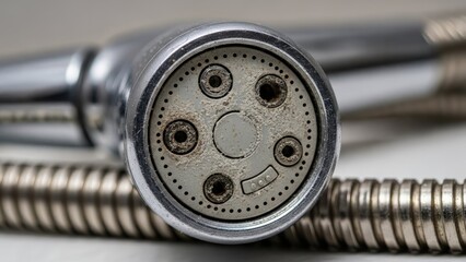 Obraz premium Close-up of a well-used showerhead, showing the nozzle design and water hose