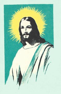 Jesus Christ: happy white Jesus, halftone litho style