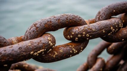 Fototapeta premium Close-up of a weathered, rusty chain with attached barnacles; water backdrop