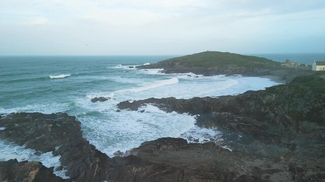 cloudy day at Towan Headland cornwall cliffs at newguay drone cold winter morning