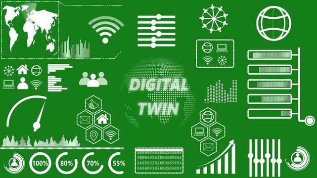 DIGITAL TWIN Technology, Internet and network concept. Business, technology, modern technology concept on green background. 4k video